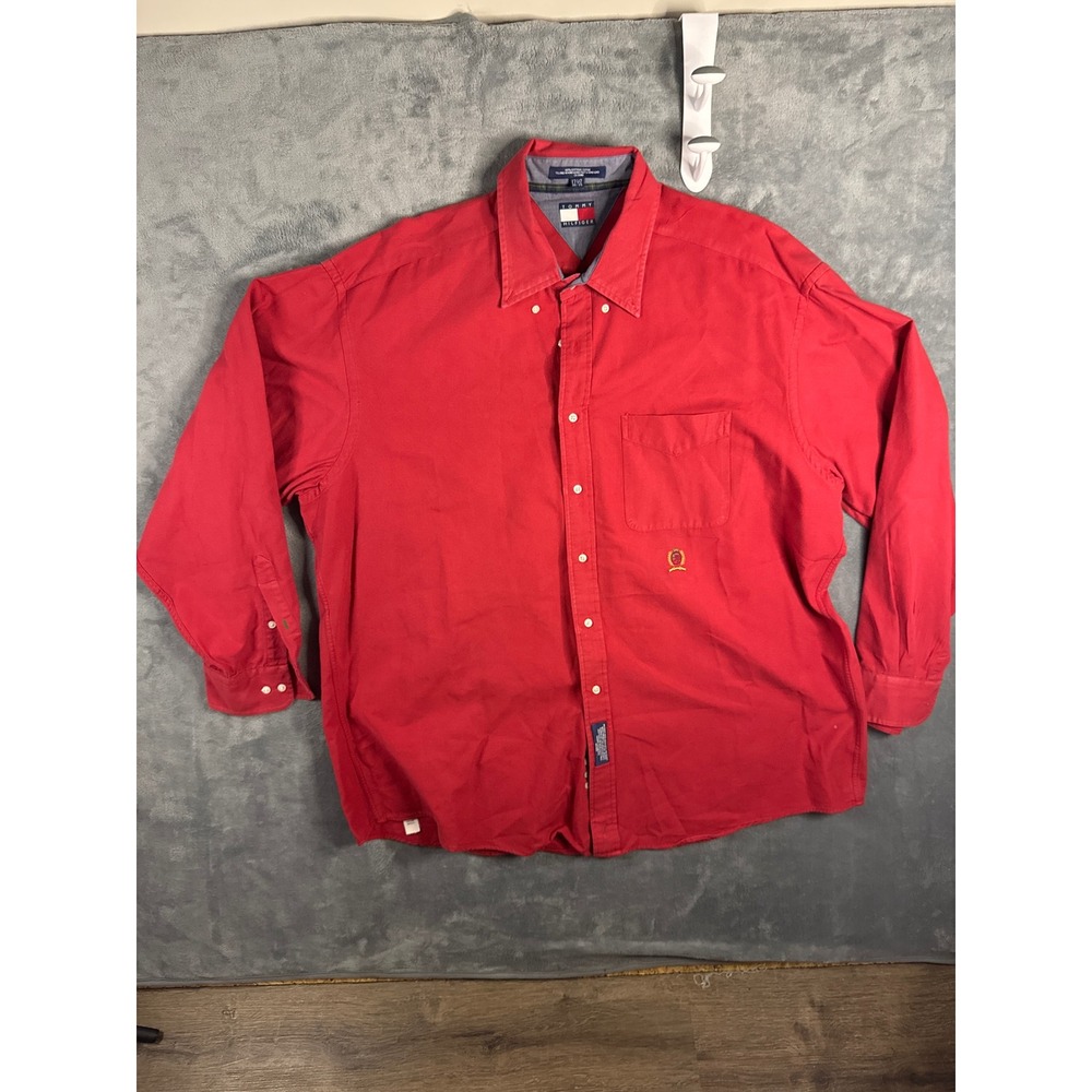 Tommy Hilfiger Mens Red Cotton Long Sleeve Button Down Crest Logo 17.5 34-35